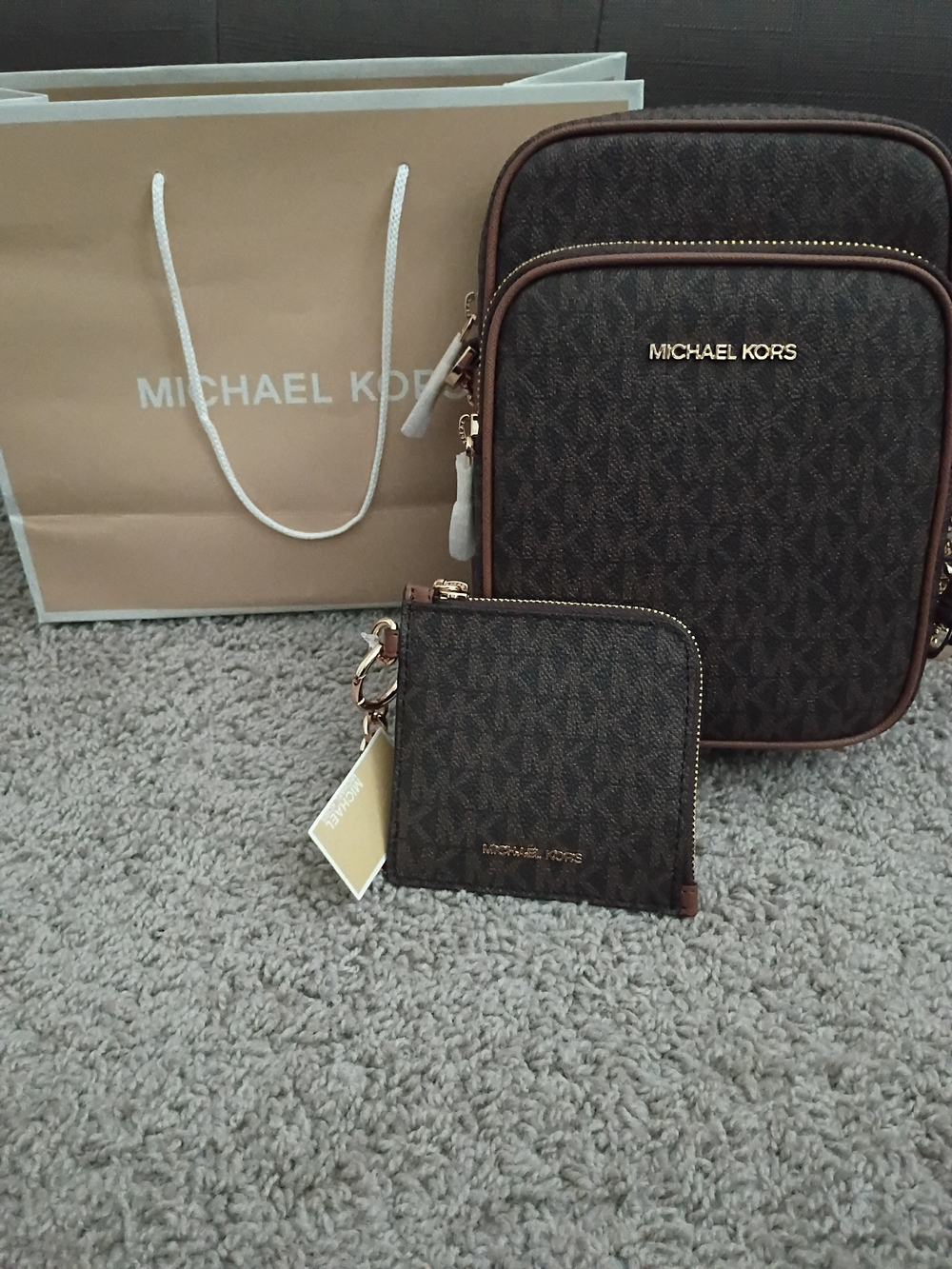 Michael Kors Brown Monogram Men’s Crossbody Belt Bag with Zip Pouch